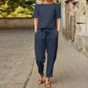 Women's Summer Casual Set Cotton Linen Round Neck Short Sleeve T-Shirt and Wide Leg Pants Two Piece Set