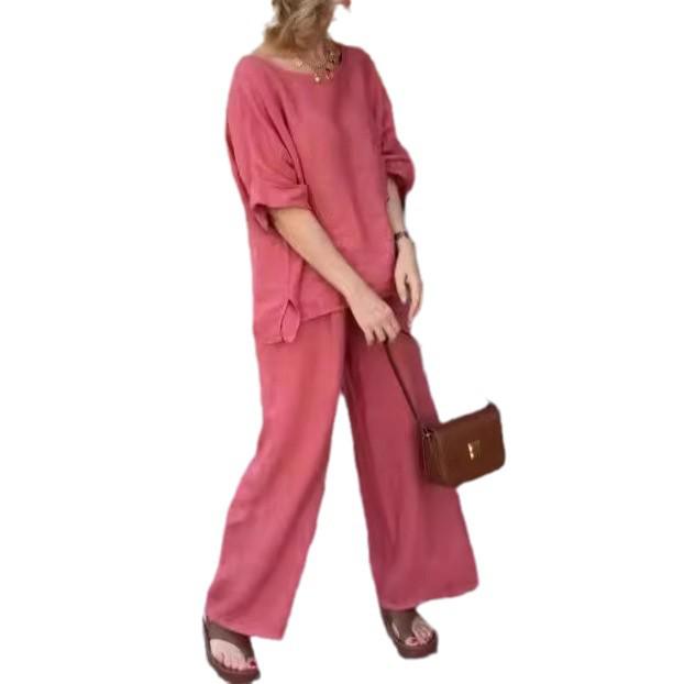 2024 Women's Summer Cotton & Linen Solid Color Casual Suit with Loose Trousers