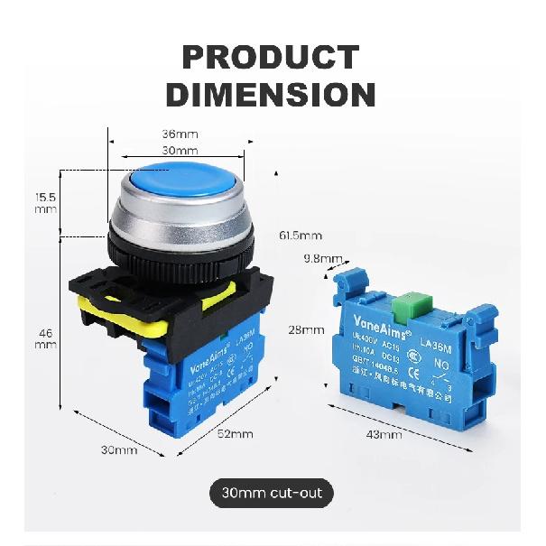 30mm LA36M Plastic Electrical Switch 400v 10A Momentary Self locking On Off Flat Power Push Button Switch for Circuit Control