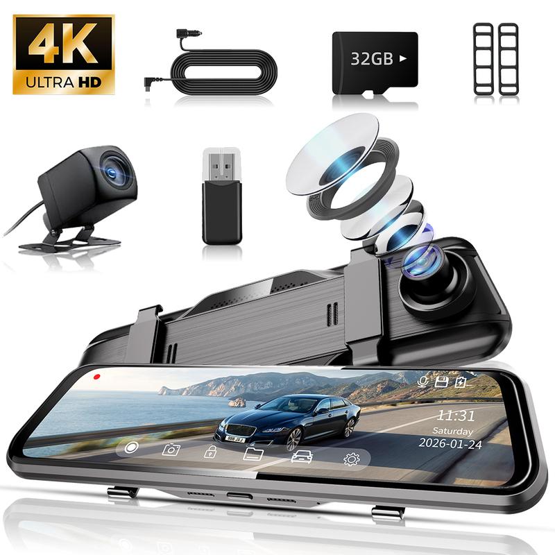 10" 4K Mirror Dash Cam for Cars, 4K Front and 1080P Rear View Backup Camera with Full Touch Screen, 170° Wide Angle, Night Visio