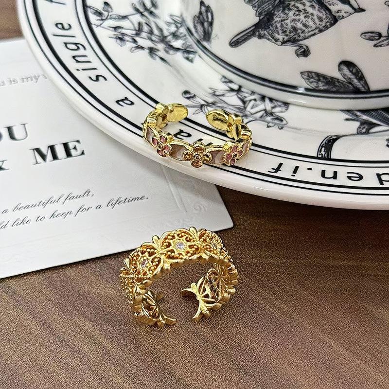 Medieval Vintage Enamel Oil Drop Four-Leaf Clover Hollow Rhombus Open Ring Court Style Retro Stacked Ring