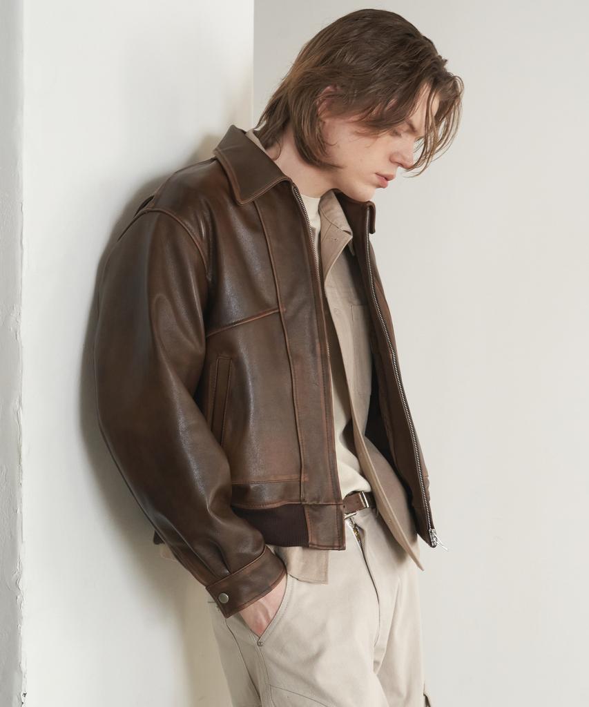 Sperone [Real Leather] Lambskin Washed Semi-Over Jacket (Brown)