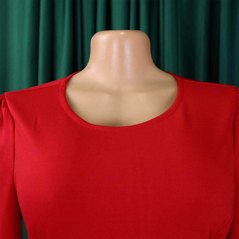 YYFS Женская мода весна осень однотонный принт с длинным рукавом и круглым вырезом с высокой талией повседневные платья