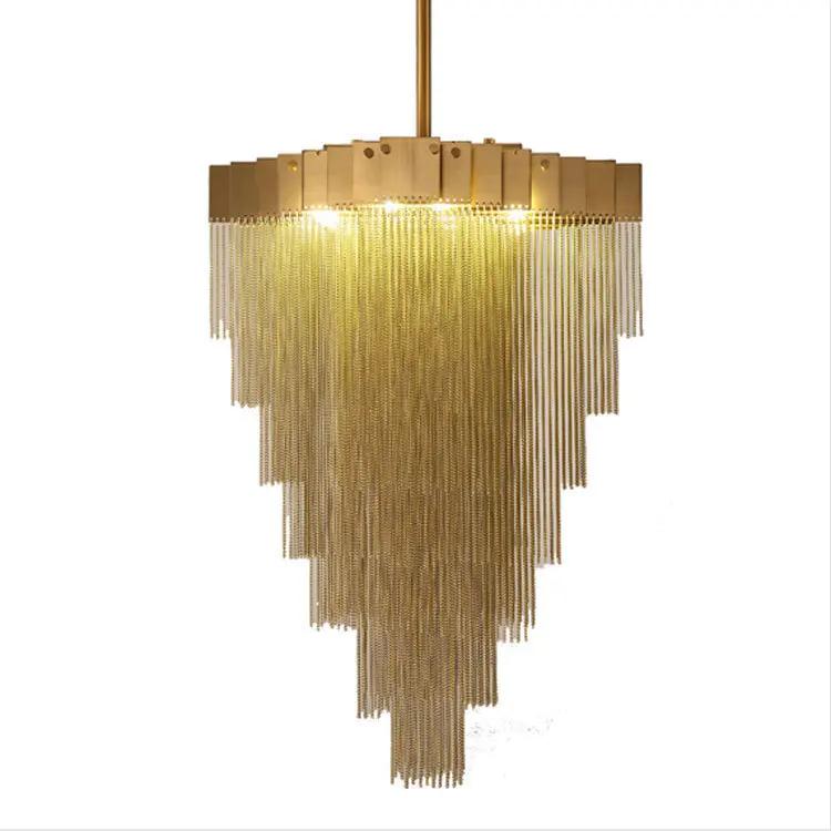 Золотая алюминиевая люстра Освещение гостиной Квадратные цепочные светильники с кисточками Спальня Столовая Декор Лампа Кухонные люстры