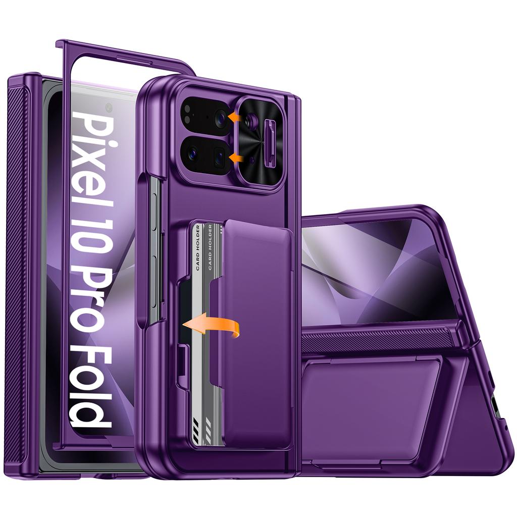 Чехол для телефона Google Pixel 10 Pro Fold с держателем для карт [Блокировка RFID], Защита камеры, Защита шарнира, Скрытая подставка, Защитное стекло экрана - Фиолетовый
