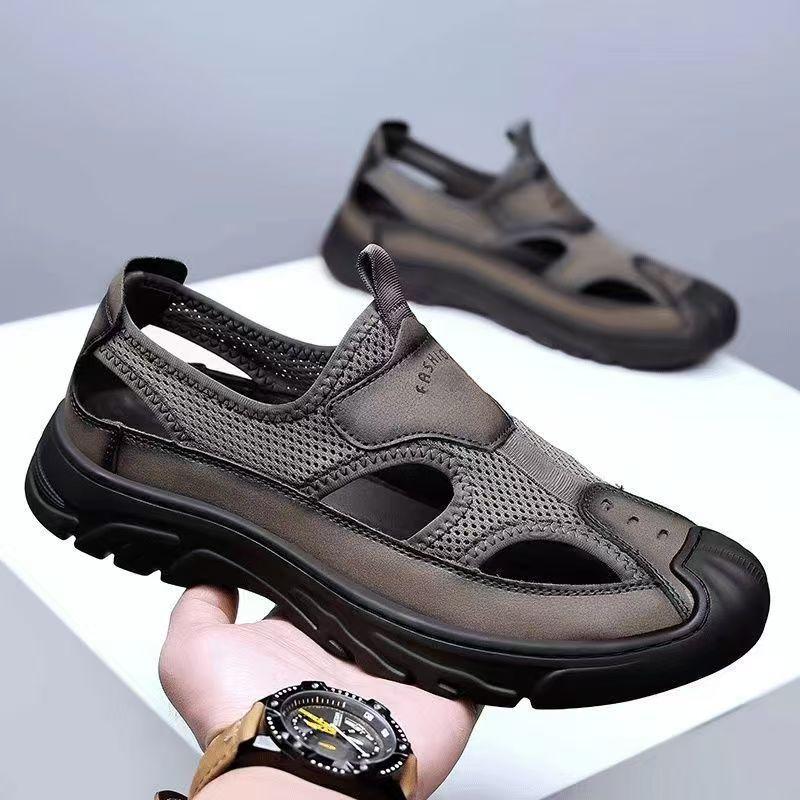 Sandals Men's Summer New Leather Mesh Breathable Hole Shoes Driving Outdoor Casual Wading Shoes Beach Shoes