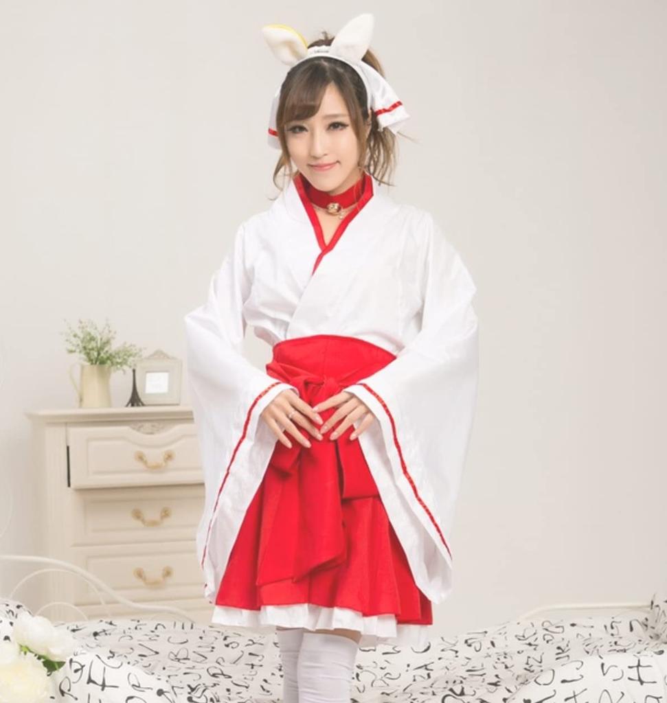 Косплей девицы-святилища, японское платье-лиса, мини-хакама, кимоно, юката, костюм для храма, лисьи уши, красные и белые [Lady Lazy] (M)