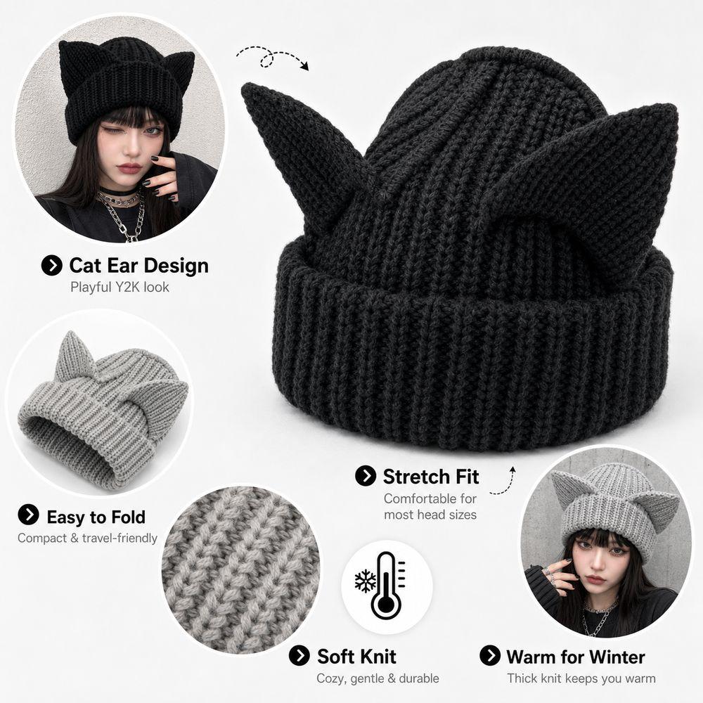 Stretchable Knit Cat Ear Beanie Yarn Striped Beanie Gifts Knitted Beanie Hat Women and Men