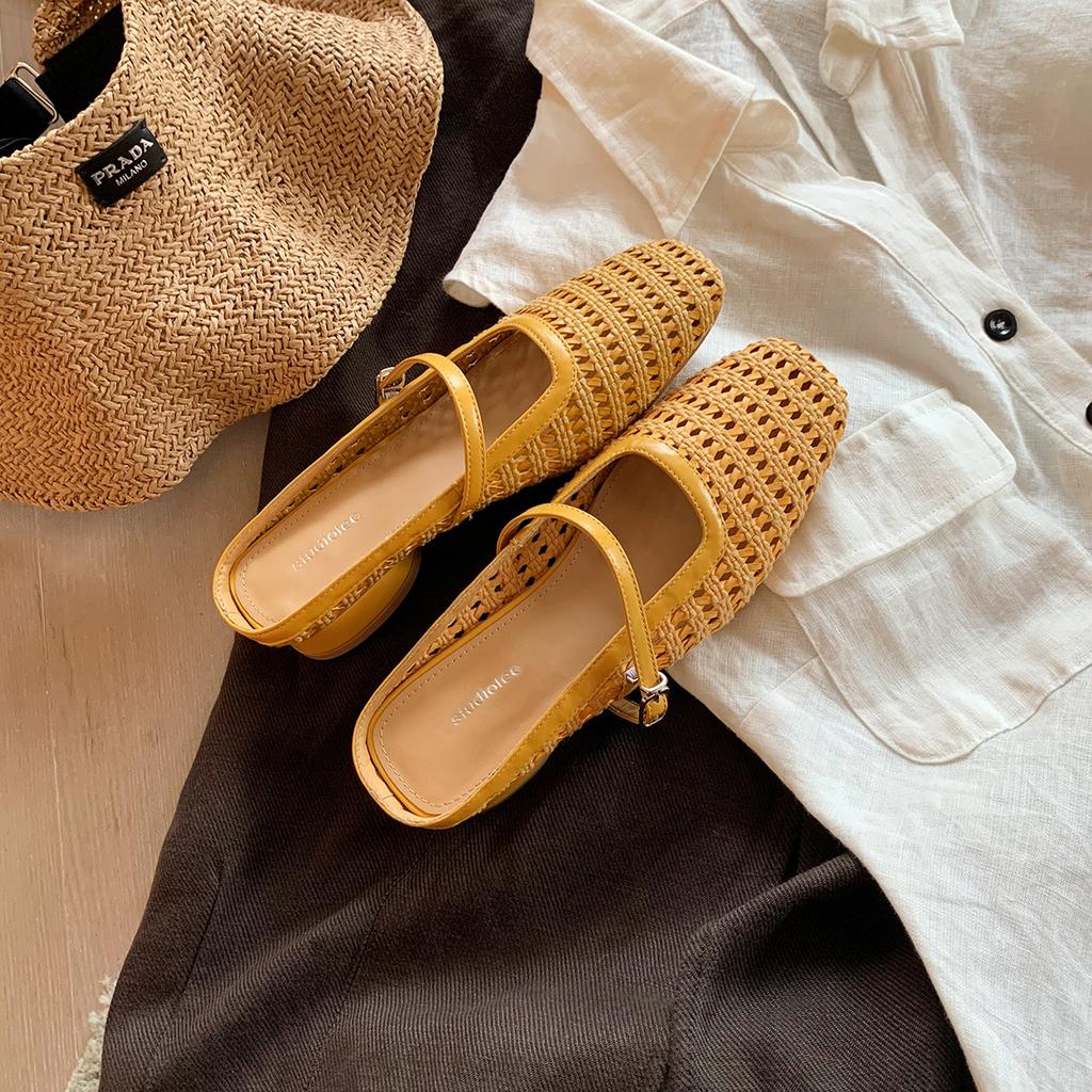 Retro Woven Hollow Square Head Word with Thick Heel Sandals Muller Half Slippers Women's Summer Outer Wear Bag Head Empty Single Shoes