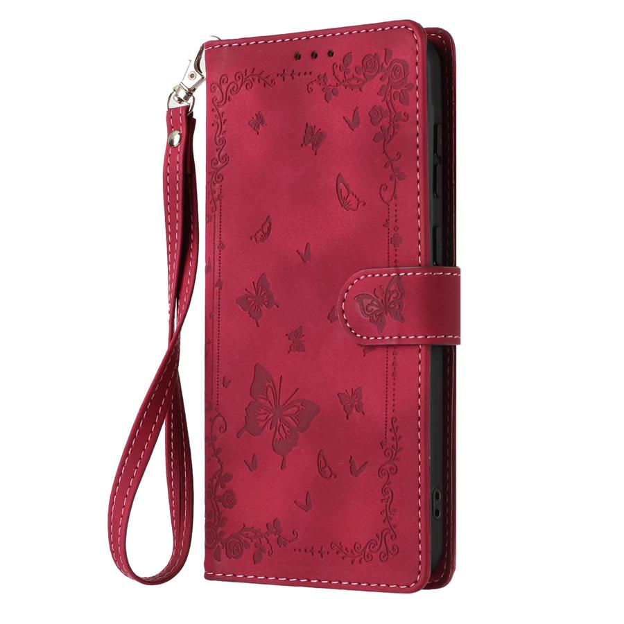 Ретро Тисненый Цветок и Бабочка Чехол для Телефона для iPhone 17 16 15 Кожаный на ощупь PU Кожа Слоты для Карт Чехол-Кошелек с Ремешком на Запястье для Samsung S25 S24 S23