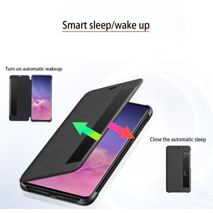 Wili Coque Huawei P20, Smart View Flip Faux Cuir Coque + Protection Ecran - Noir
