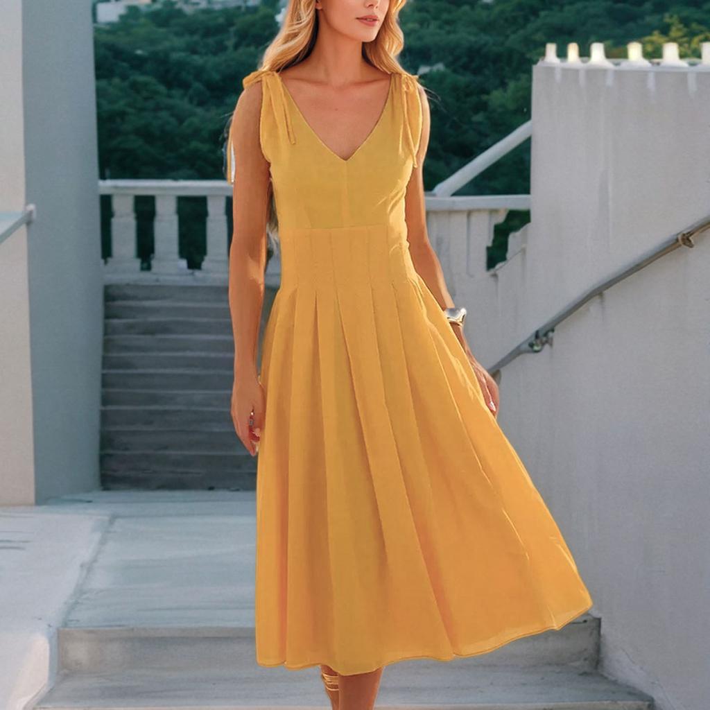 Женская мода элегантный темперамент V-образный вырез галстук А-силуэт однотонные платья