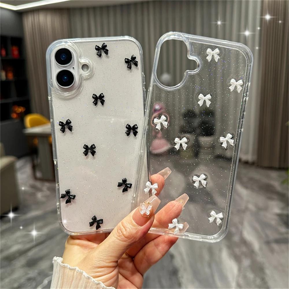 Милый 3D Чехол с Блестками и Бантом для iPhone 17 Air 16 15 13 11 Pro Max 14 Plus 12 X XS XR Корейская Девушка Эпоксидный Прозрачный Чехол