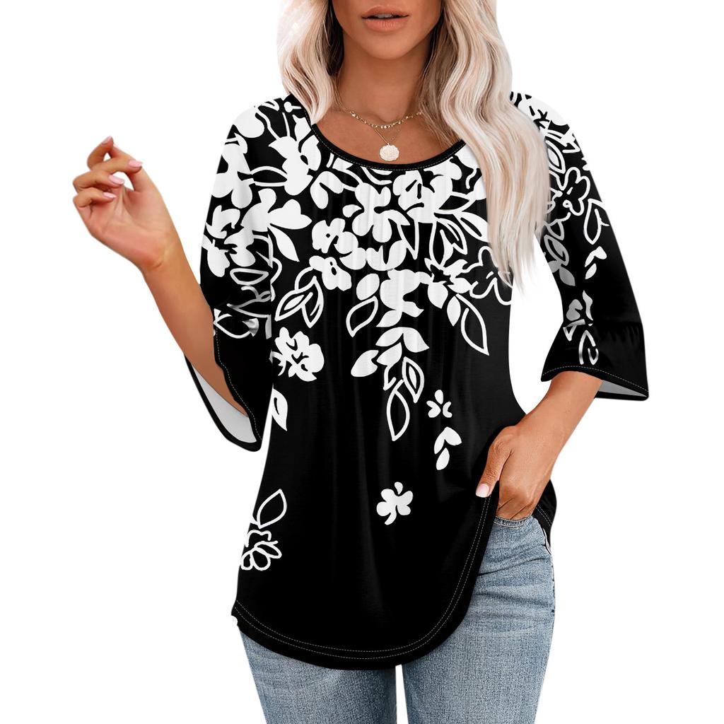 Женские топы с рукавами-колокольчиками 3/4, летние плиссированные рубашки с круглым вырезом, модные нарядные повседневные блузки-туники свободного покроя