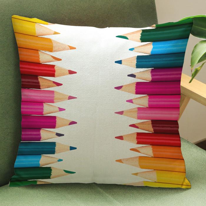 Colorful Pencils Geometric Sofa Cushion Cover Cartoon Style Cotton Linen Home Decorative Chair Throw Pillow Case Cojines