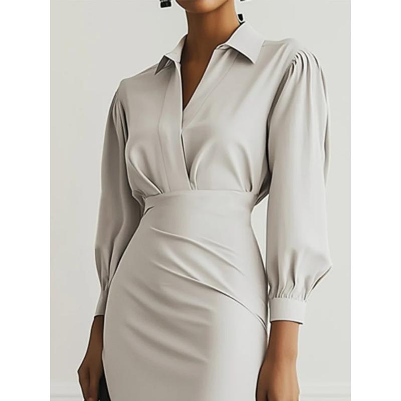 Женское платье миди с V-образным вырезом и оборками, однотонное платье с поясом на талии и элегантными складками, офисное повседневное облегающее длинное платье для универсального стиля