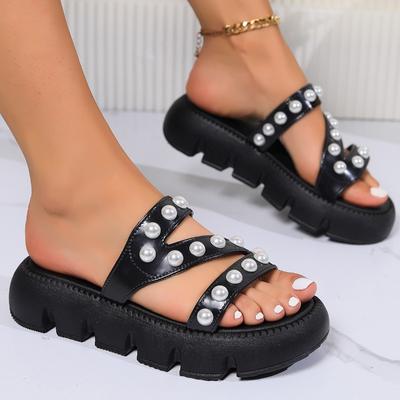 2024 женские тапочки летние новые модные украшения из жемчуга элегантные однотонные платья для вечеринок с узким ремешком дизайн с открытым носком сандалии