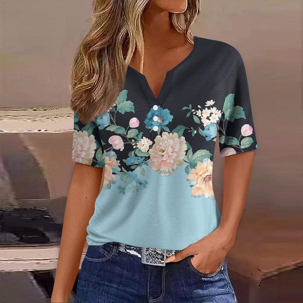 Women's T Shirt Tee Print Button Short Sleeve Daily Weekend Fashion Basic V- Neck Regular Top