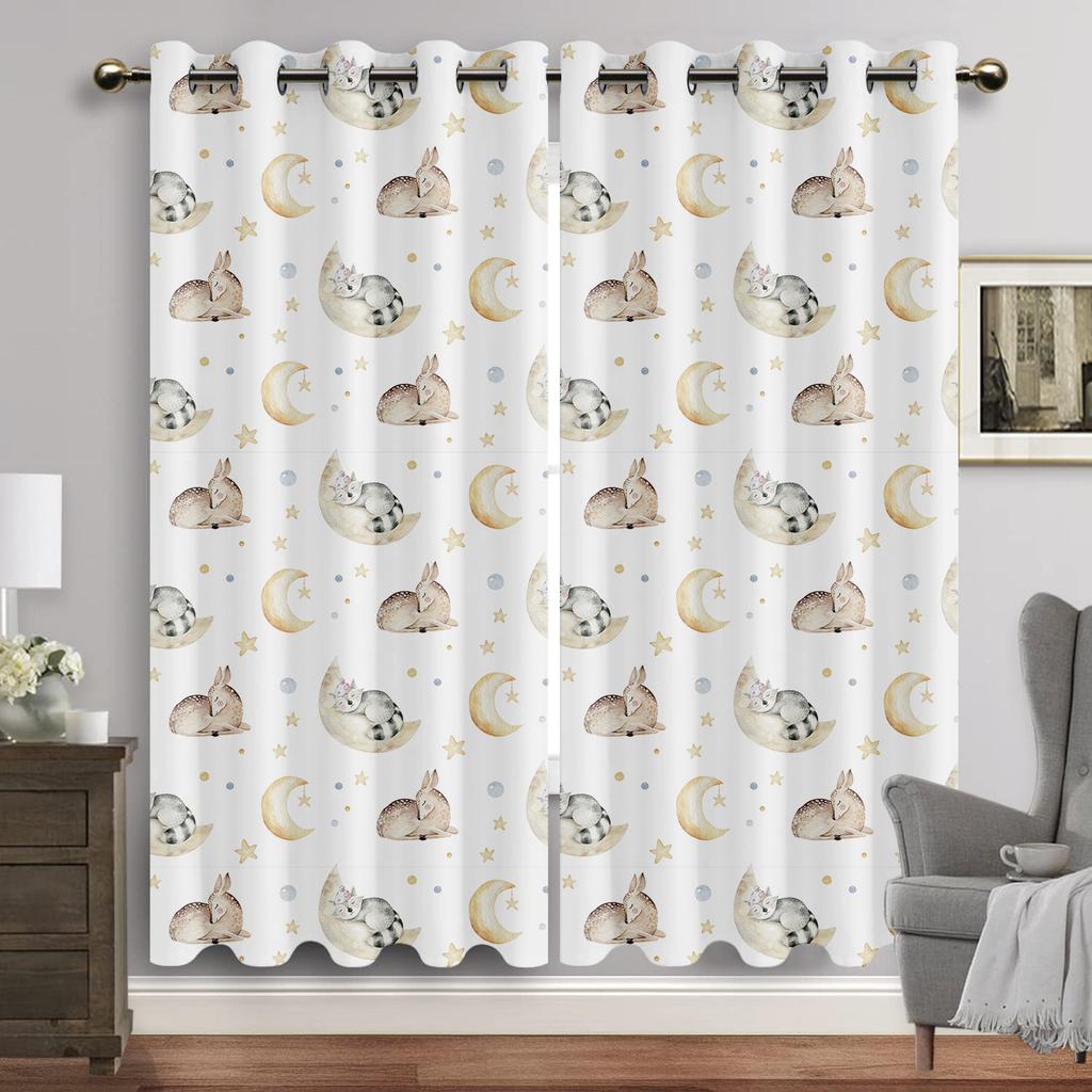 Занавески для окон с изображением животных из мультфильмов, гостиная, акварель, кролик, медведь, люверсы, шторы с принтом луны, новые шторы для детской комнаты, бесплатная доставка