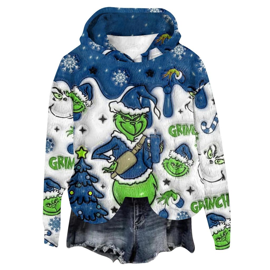 Women's Hooded Long Sleeve Christmas Printed Flannel Top Hooded Sweatshirt