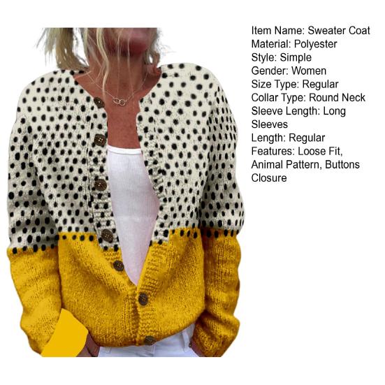 Женский свитер, пальто, круглый вырез, длинный рукав, анималистичный принт, вязаная верхняя одежда, свободный крой, открытый спереди, кардиган
