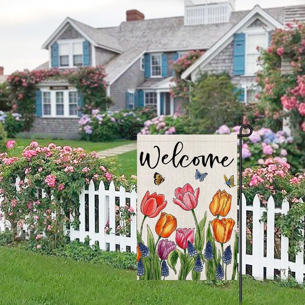 Лавандовые садовые флаги 12x18 дюймов двухсторонние наружные, весенние цветы приветственный знак праздничные украшения для двора на открытом воздухе