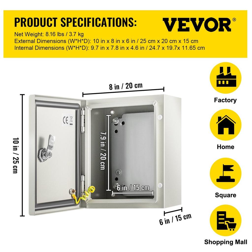 NEMA Steel Enclosure, 10 x 8 x 6\'\' NEMA 4X Steel Electrical Box, IP66 Waterproof & Dustproof, Outdoor/Indoor Electrical Junction Box, with Mounting