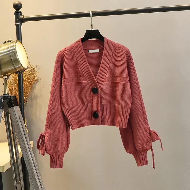Женский осенне-зимний короткий вязаный кардиган высокого класса с V-образным вырезом и рукавами-фонариками, свитер-пальто, женский топ