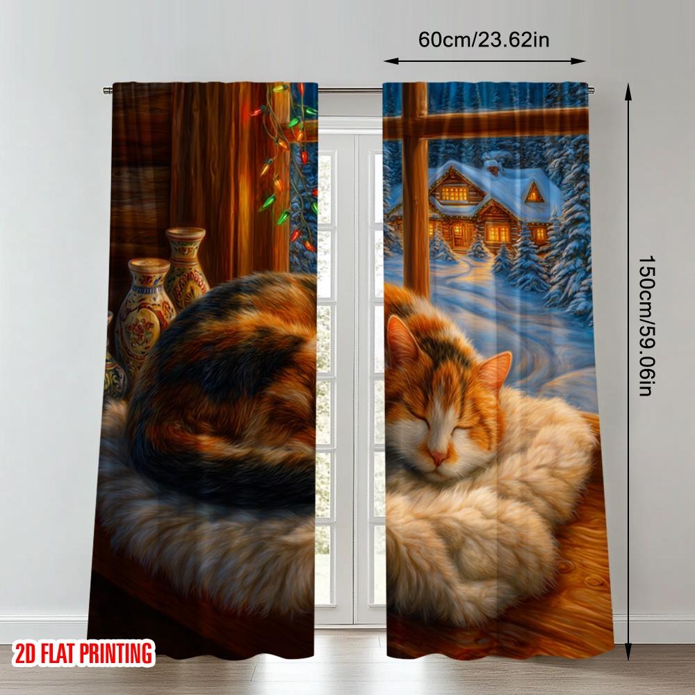 2 шт. Рождественские шторы с 2D-печатью, Уютный кот, Зимняя хижина, Полиэстеровые шторы с цифровой печатью, Декор для вечеринки в спальню