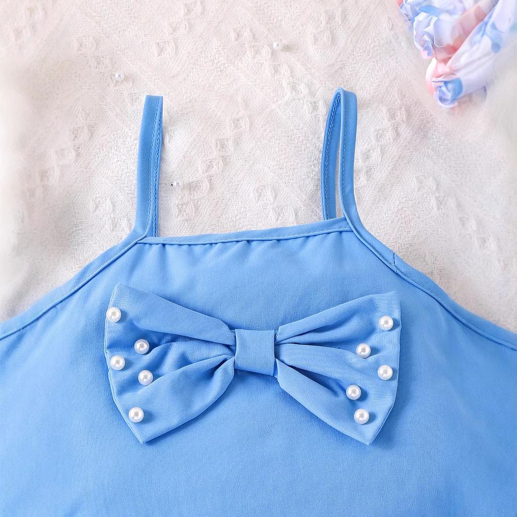 Сладкий комплект для девочек Летняя детская мода Топ-халтер с бантом + Кружевные шорты с бисером