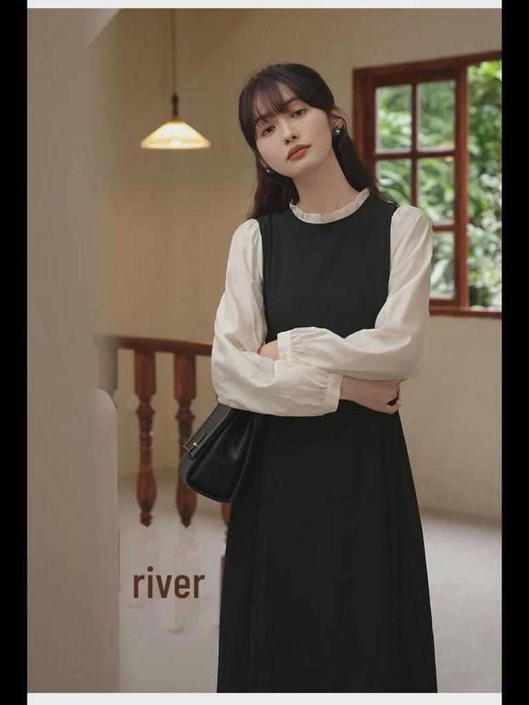 Длинное платье для похудения в корейском стиле с черно-белой строчкой - круглый вырез, длинный рукав, удобная повседневная одежда