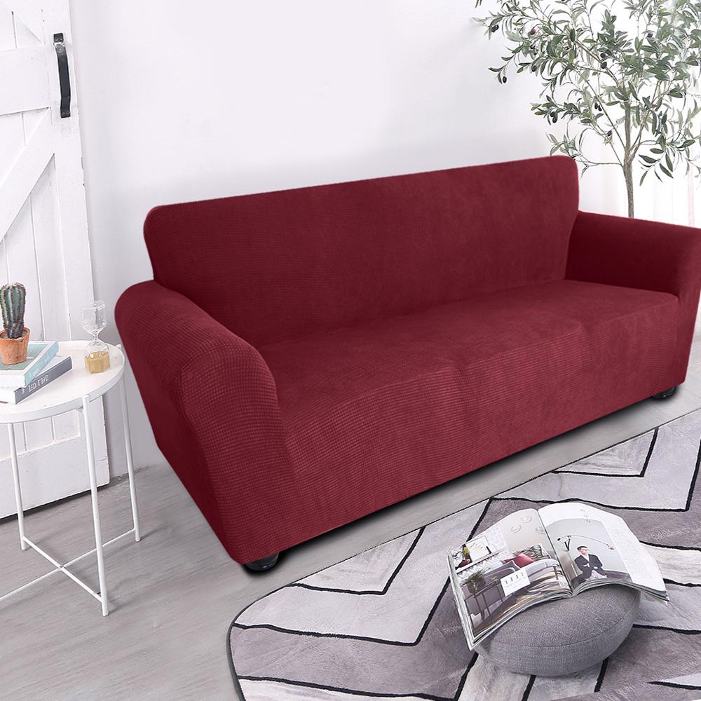 Stretch Sofa Slipcover Spandex Anti-Slip Soft Couch Sofa Cover 3 Seater Washable for Living Room Kids Pets Wine Red