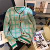 Contrast Plaid Sweater Cardigan Women Spring and Autumn Loose Lazy Knit Cardigan Top Design Sense Niche O Neck Sweater Female