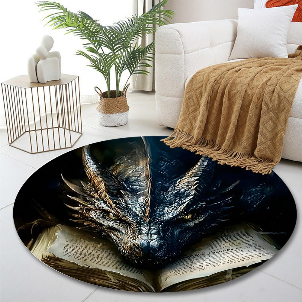 "Dragon with Book Rustic Fantasy Art" Print round rug, living room, bedroom, playroom carpet, non slip floor mat, gift