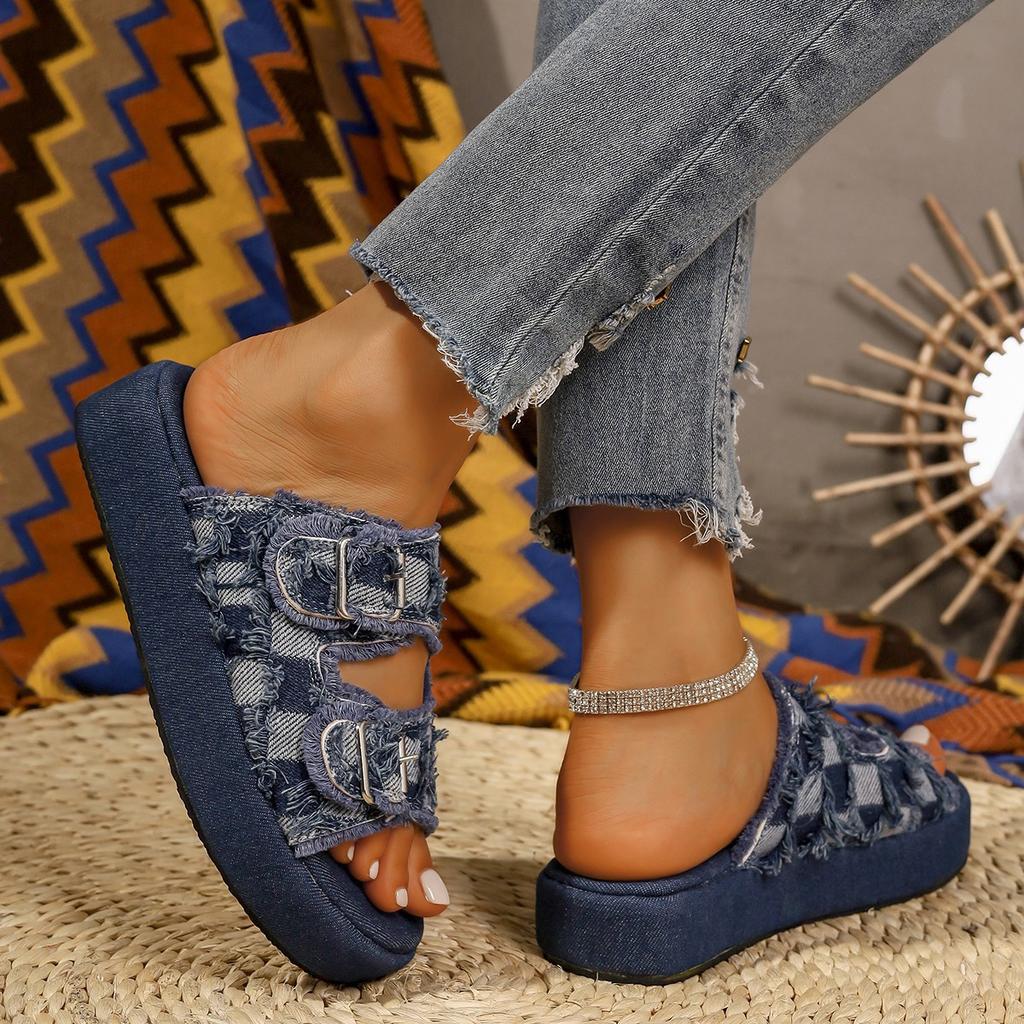 Новые джинсовые двубортные однопедальные тапочки большого размера для женщин, летняя одежда 2025 года, повседневные тапочки на толстой подошве
