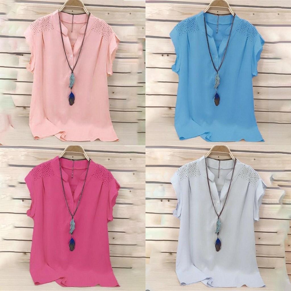 Элегантная летняя женская футболка с пуговицами, V-образным вырезом и коротким рукавом для полных женщин