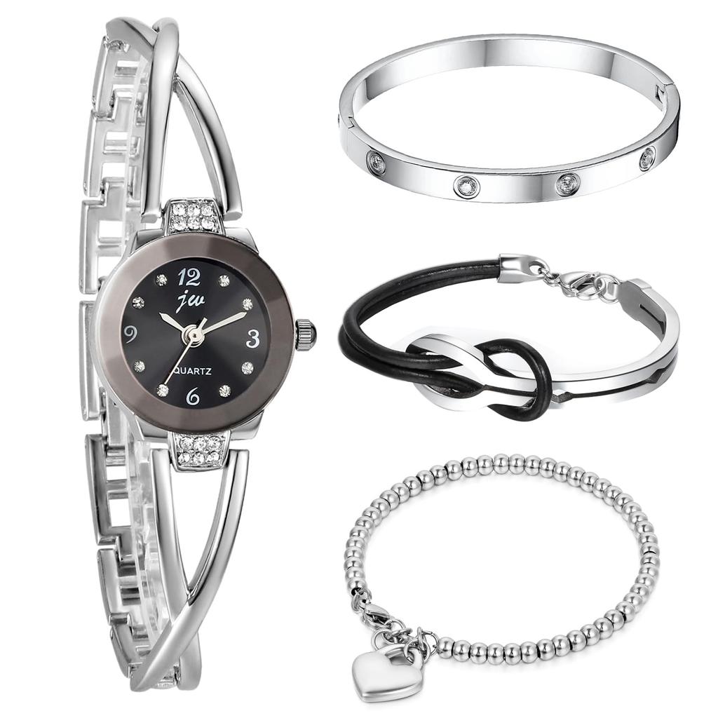 Cute Stainless Steel Bangle Silver Infinity Code Heart Bracelet Waterproof Quartz Watch Bracelet 4 Piece Set Christmas Day Gift for Mother Women's