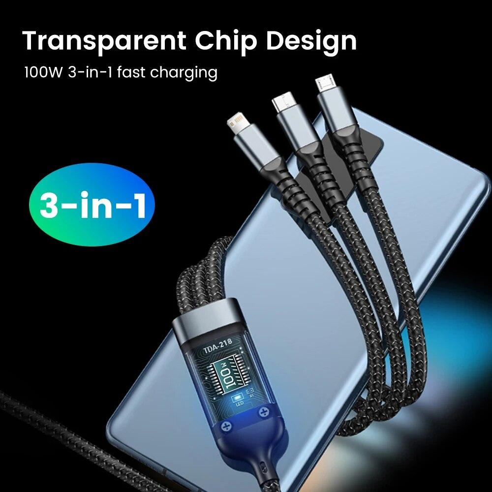 Кабель для быстрой зарядки мощностью 100 Вт с USB Type C, Micro USB и совместимостью с Lightning — длина 1,2 м, прозрачный чип, функция ночной подсветки