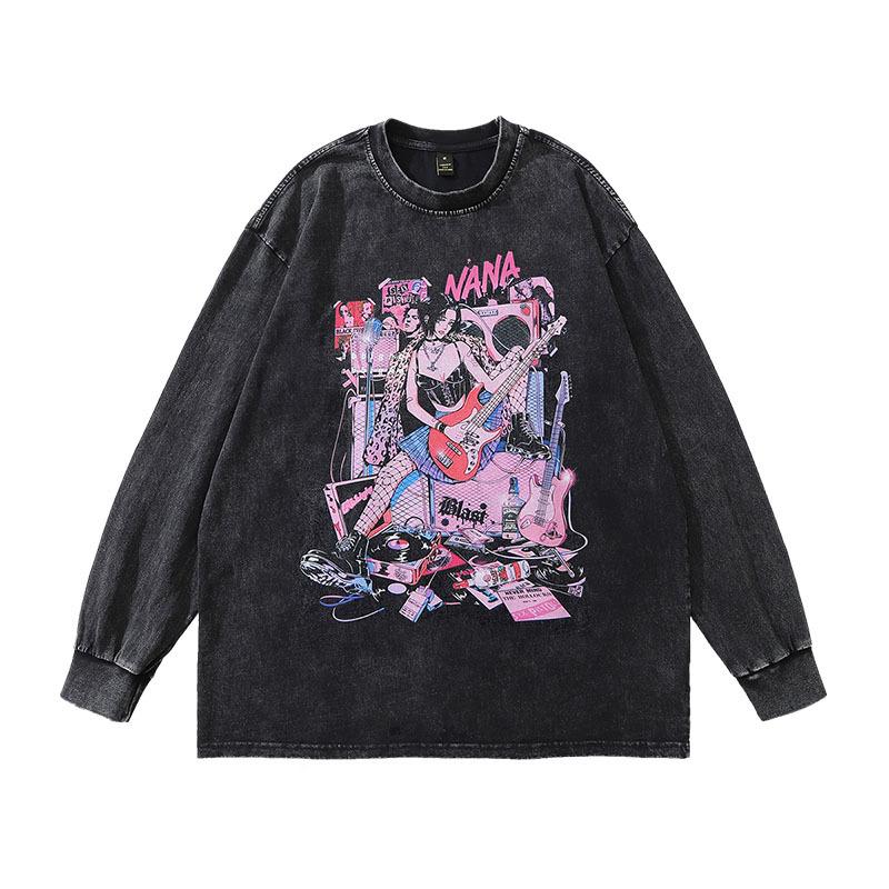 Japanese Retro Cartoon Printing Long-Sleeved Bottoming T-Shirt For Men And Women Hip-Hop Heavy Industry Washing And Doing Old Vintage Long Tee