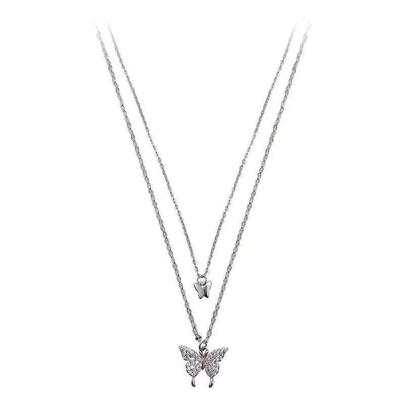 Сверкающее двухслойное колье-чокер с бабочками - трендовый корейский чокер 2021 года с крутой цепочкой для ключицы