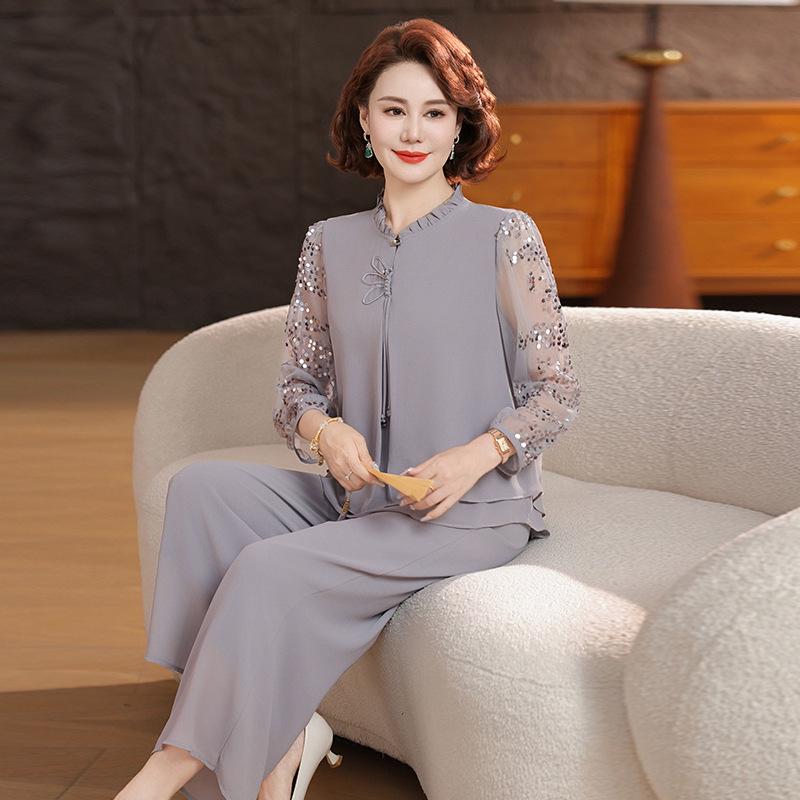 Chic Women's Suit: Mesh Sleeve Top & Wide-Leg Pants Set for Stylish Middle-Aged and Elderly Moms