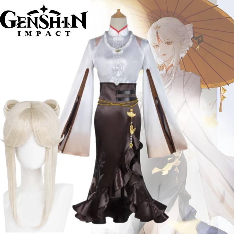 Original Genshin Impact Ningguang Cosplay Wig With Realistic Scalp And Detachable Butterfly Knot
