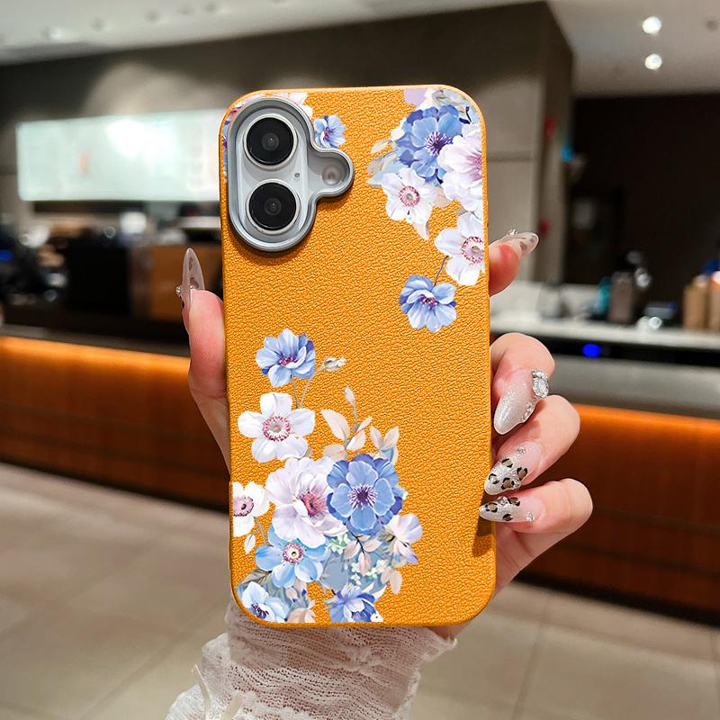 Кожаный текстурный мягкий чехол TPU для iPhone 16 15 14 Pro Max 14 Plus 13 12 Pro Max 11 синий цветочный узор противоударный чехол для телефона