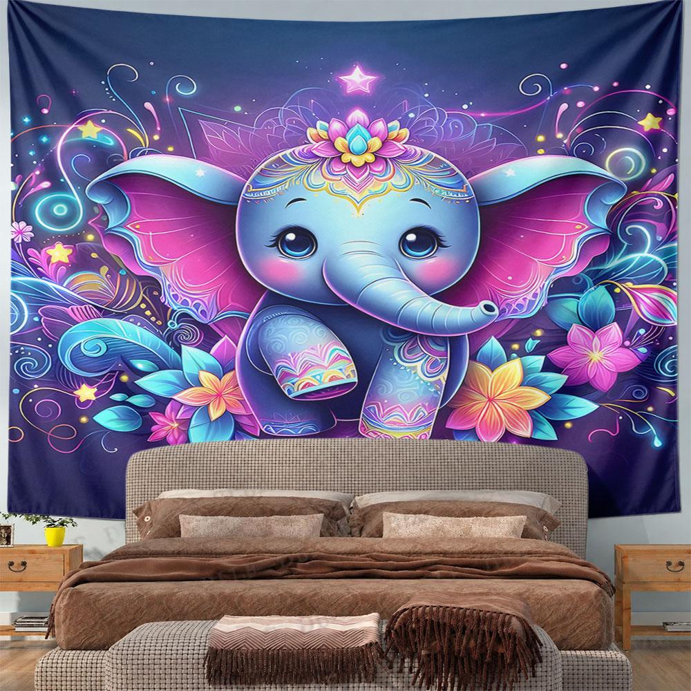 Cute Colorful Elephant with Floral Design Pattern Wall Hanging Tapestry Decorative Tapestry Home Decor for Bedroom and Living Room