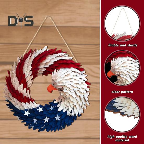 Патриотический венок с орлом 4 июля Деревянное украшение Крытый Открытый входная дверь Настенный подвес День независимости День памяти Дверной знак Подвеска