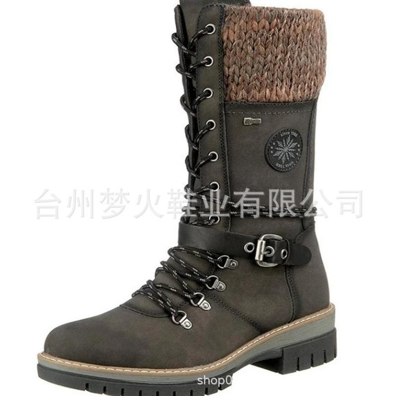 Autumn and Winter Women's High-top Long Tube Belt Buckle Wool Mouth Lace-up Martin Boots Boots