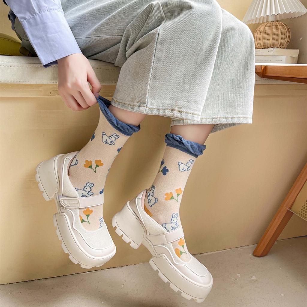 New Harajuku Retro Women Socks Japanese Fashion Vintage Long Socks Korean Style Floral Embroidery Kawaii Cute Ruffle Socks