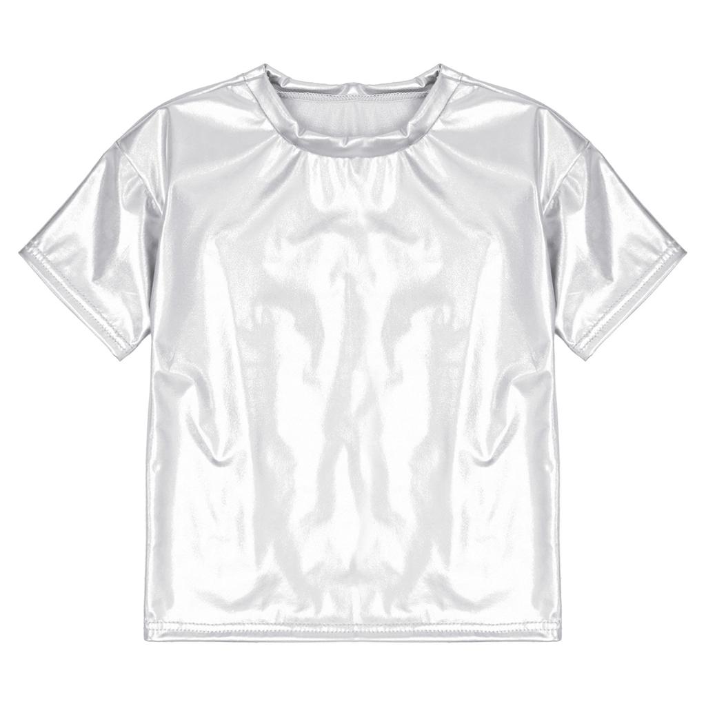 Детские блестящие футболки металлизированного цвета с короткими рукавами для мальчиков и девочек, топы для танцев, вечерние блестящие наряды