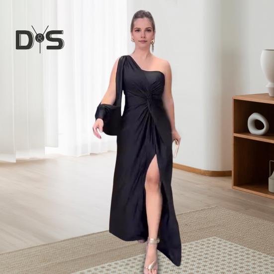 Женское вечернее платье на одно плечо с открытым рукавом, разрезом по низу, однотонное, с тонкой талией, плиссированное, с узлом, однотонное, коктейльное, вечернее платье макси