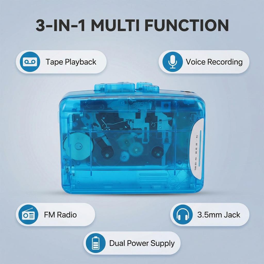 VBESTLIFE Cassette Retro Portable Tape Recorder with FM Jack Dual Power USB or AA for Music Playback and Recording Player, USB-C Power, Radio,